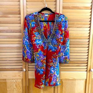 Indian swim coverup red blue yellow sheet beaded M